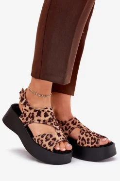 Sandały Damskie W Panterkę Na Platformie Eko Zamszowe Brązowe Karonia