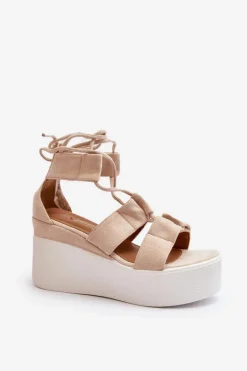 Sandały Damskie Wiązane Beżowe Helavi