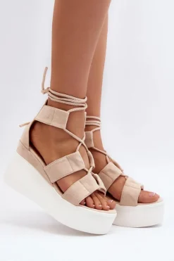 Sandały Damskie Wiązane Beżowe Helavi