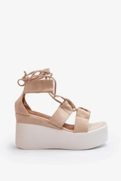 Sandały Damskie Wiązane Beżowe Helavi
