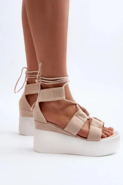 Sandały Damskie Wiązane Beżowe Helavi