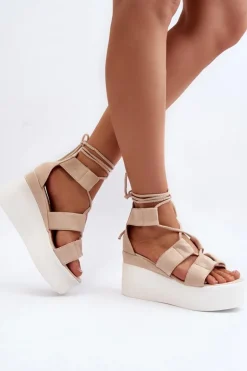 Sandały Damskie Wiązane Beżowe Helavi