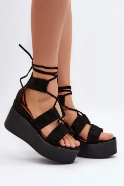 Sandały Damskie Wiązane Czarne Helavi