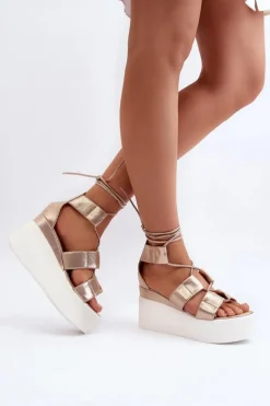 Sandały Damskie Wiązane Złote Helavi