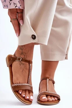 Sandały Damskie Z Cyrkoniami Brązowe Penna