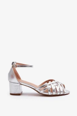 Sandały Damskie Z Eko Skóry Na Niskim Obcasie Srebrne Monsha