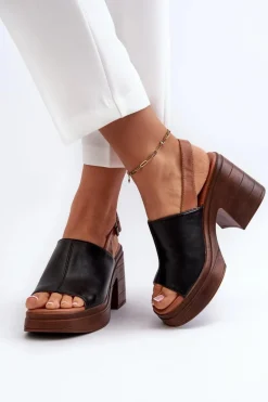 Sandały Damskie Z Eko Skóry Na Masywnym Obcasie I Platformie Czarne Meeyah