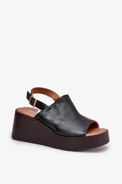 Sandały Damskie Z Eko Skóry Na Platformie I Koturnie Czarne Leaniria