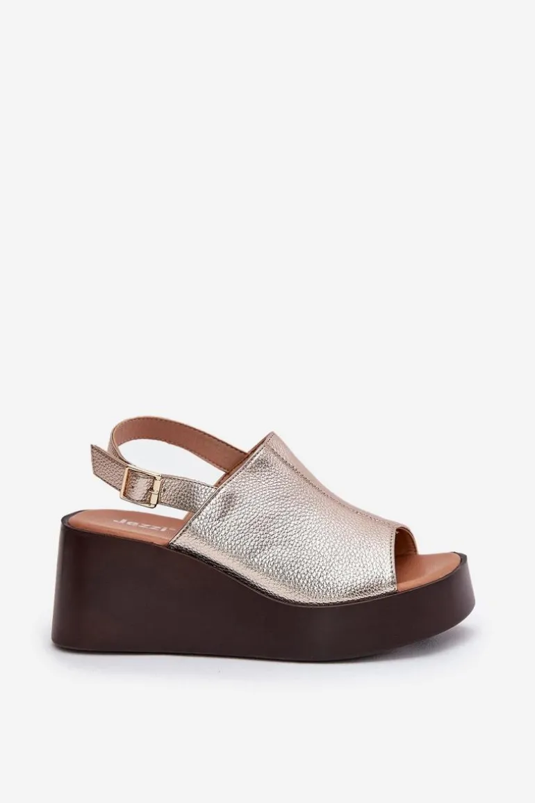 Sandały Damskie Z Eko Skóry Na Platformie I Koturnie Złote Leaniria