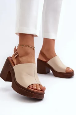 Sandały Damskie Z Eko Skóry Na Masywnym Obcasie I Platformie Beżowe Meeyah