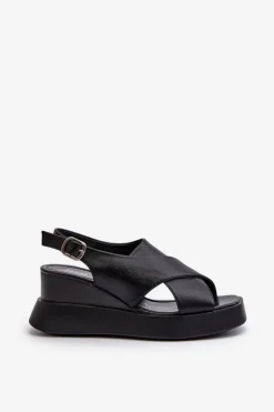 Sandały Damskie Z Eko Skóry Na Platformie I Koturnie Czarne Vaiara
