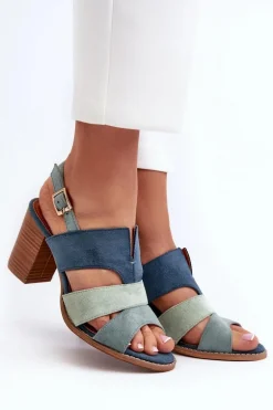 Sandały Damskie Z Eko Zamszu Na Obcasie Słupku Niebieskie Qutima