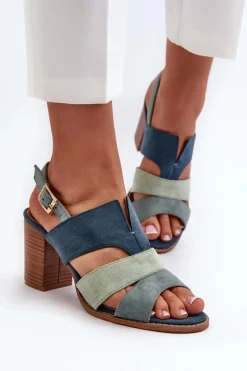 Sandały Damskie Z Eko Zamszu Na Obcasie Słupku Niebieskie Qutima