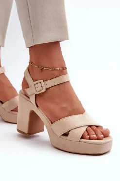 Sandały Damskie Z Eko Zamszu Na Słupku I Platformie Jasnobeżowe Sakane