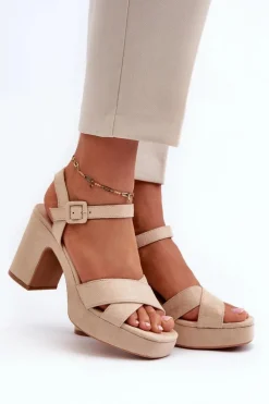 Sandały Damskie Z Eko Zamszu Na Słupku I Platformie Jasnobeżowe Sakane