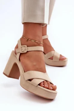 Sandały Damskie Z Eko Zamszu Na Słupku I Platformie Jasnobeżowe Sakane