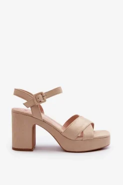 Sandały Damskie Z Eko Zamszu Na Słupku I Platformie Jasnobeżowe Sakane