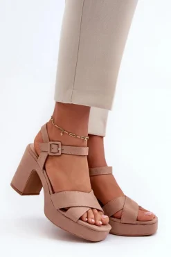 Sandały Damskie Z Eko Zamszu Na Słupku I Platformie Ciemnobeżowe Sakane