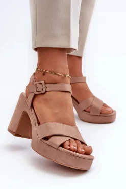 Sandały Damskie Z Eko Zamszu Na Słupku I Platformie Ciemnobeżowe Sakane