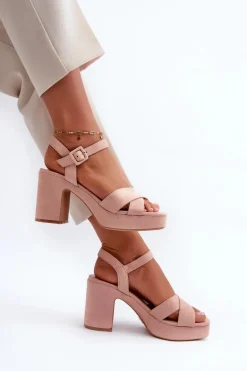 Sandały Damskie Z Eko Zamszu Na Słupku I Platformie Różowe Sakane