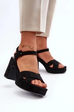 Sandały Damskie Z Eko Zamszu Na Słupku I Platformie Czarne Sakane