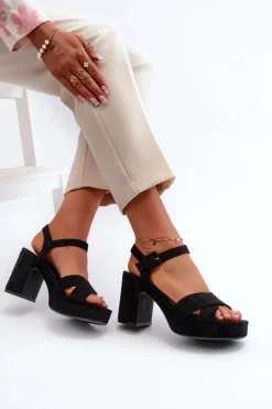 Sandały Damskie Z Eko Zamszu Na Słupku I Platformie Czarne Sakane