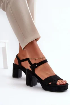 Sandały Damskie Z Eko Zamszu Na Słupku I Platformie Czarne Sakane