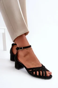 Sandały Damskie Z Eko Zamszu Na Niskim Obcasie Czarne Monsha