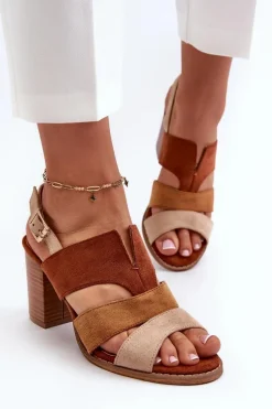 Sandały Damskie Z Eko Zamszu Na Obcasie Słupku Brązowe Qutima