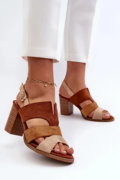 Sandały Damskie Z Eko Zamszu Na Obcasie Słupku Brązowe Qutima