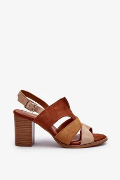 Sandały Damskie Z Eko Zamszu Na Obcasie Słupku Brązowe Qutima