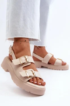 Sandały Damskie Z Klamrami Eko Skórzane Beżowe Konanttia