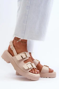 Sandały Damskie Z Klamrami Eko Skórzane Beżowe Konanttia