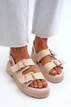 Sandały Damskie Z Klamrami Eko Skórzane Beżowe Konanttia