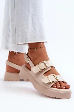 Sandały Damskie Z Klamrami Eko Skórzane Beżowe Konanttia