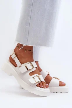 Sandały Damskie Z Klamrami Eko Skórzane Białe Konanttia