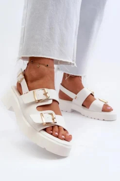 Sandały Damskie Z Klamrami Eko Skórzane Białe Konanttia