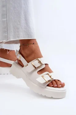 Sandały Damskie Z Klamrami Eko Skórzane Białe Konanttia