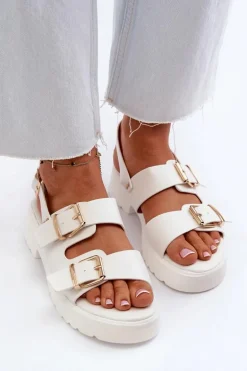Sandały Damskie Z Klamrami Eko Skórzane Białe Konanttia