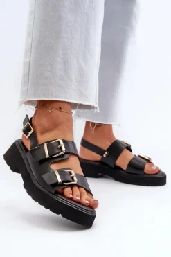 Sandały Damskie Z Klamrami Eko Skórzane Czarne Konanttia