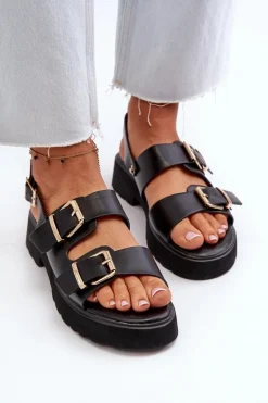 Sandały Damskie Z Klamrami Eko Skórzane Czarne Konanttia