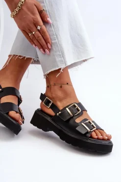 Sandały Damskie Z Klamrami Eko Skórzane Czarne Konanttia