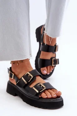 Sandały Damskie Z Klamrami Eko Skórzane Czarne Konanttia