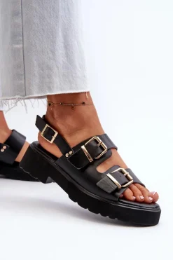 Sandały Damskie Z Klamrami Eko Skórzane Czarne Konanttia