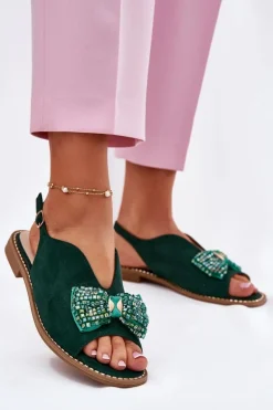 Sandały Damskie Z Kokardą Na Płaskim Obcasie S.Barski KV51-014 Zielone