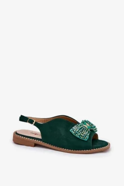 Sandały Damskie Z Kokardą Na Płaskim Obcasie S.Barski KV51-014 Zielone