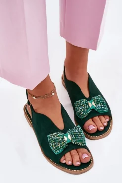 Sandały Damskie Z Kokardą Na Płaskim Obcasie S.Barski KV51-014 Zielone