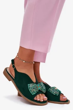 Sandały Damskie Z Kokardą Na Płaskim Obcasie S.Barski KV51-014 Zielone