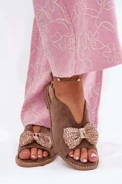 Sandały Damskie Z Kokardą Na Płaskim Obcasie S.Barski KV51-014 Ciemnobeżowe