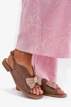 Sandały Damskie Z Kokardą Na Płaskim Obcasie S.Barski KV51-014 Ciemnobeżowe